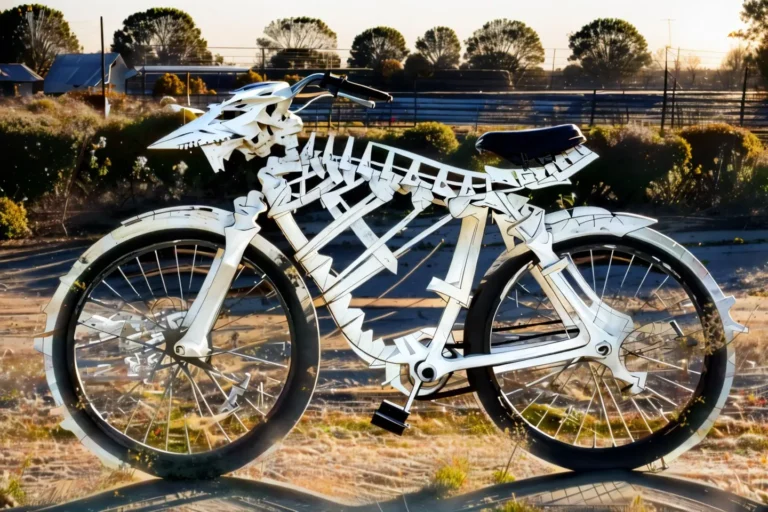 A creative AI generated image using stable diffusion featuring a bicycle designed to look like a skeleton, set against a natural background with trees and greenery.