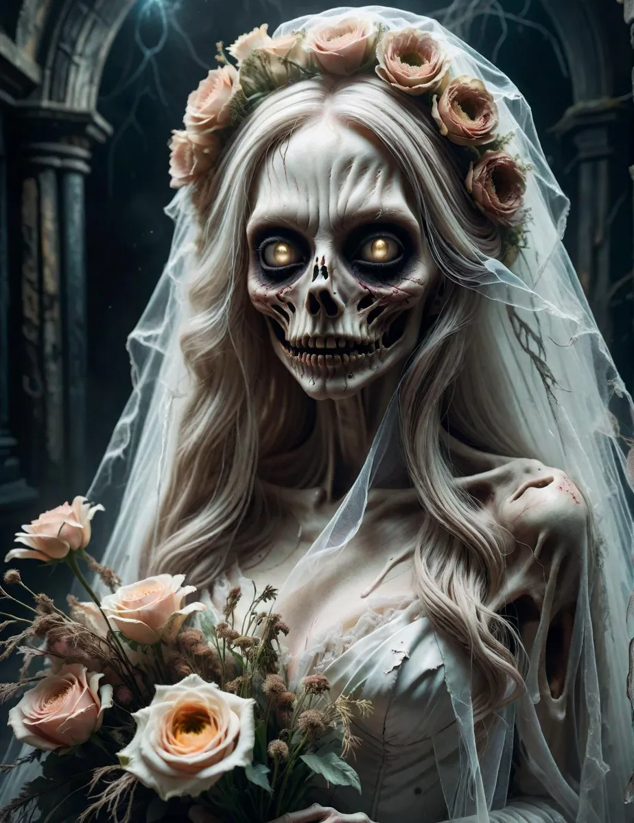 Detailed AI generated image using stable diffusion of a creepy skeleton bride holding a bouqet of flowers wearing a white dress and a flower crown.