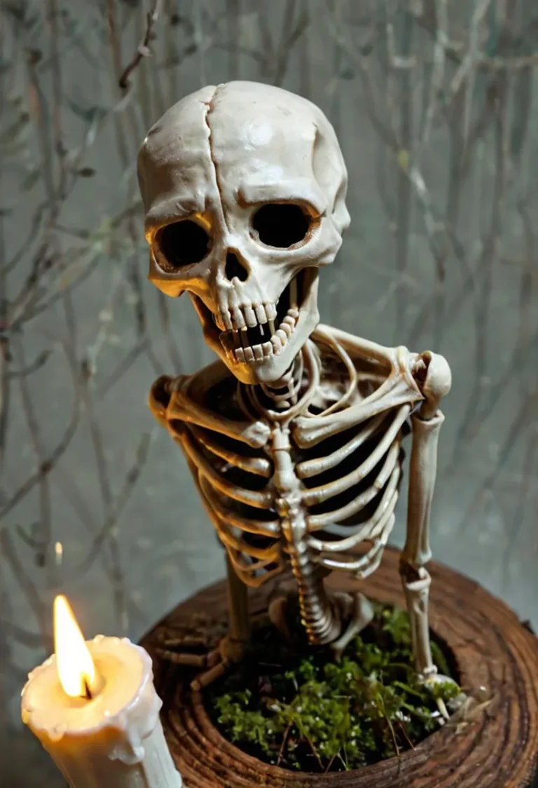 A skeleton model with a lit candle beside it, AI generated using Stable Diffusion.