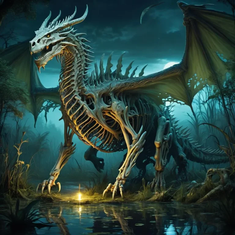 A fantasy-themed AI generated image using stable diffusion, depicting a skeleton dragon with glowing eyes standing in a dark, eerie marshland with a foggy background.