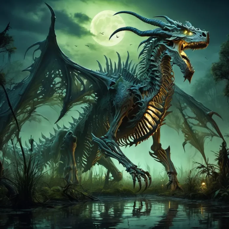 A fantasy scene featuring a skeletal dragon standing in a mystical forest under a full moon, created with Stable Diffusion.