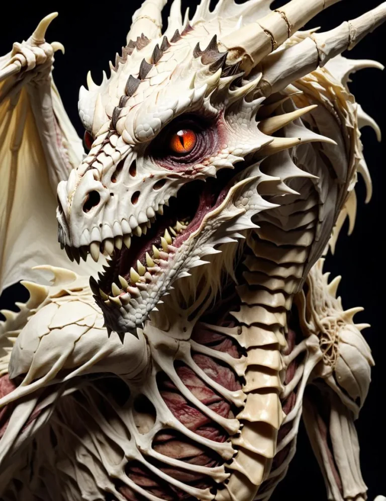 A detailed and terrifying skeleton dragon with fiery red eyes, created using Stable Diffusion AI.
