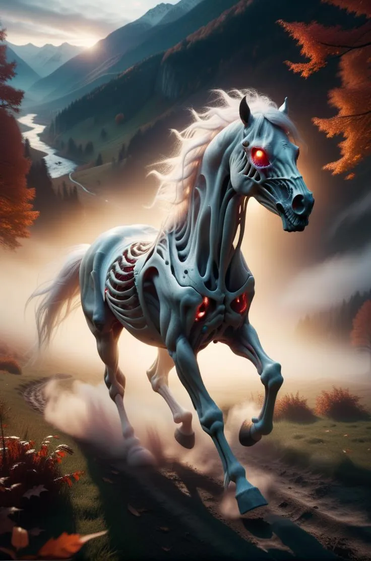 This AI generated image shows a skeletal horse with red glowing eyes, running in a mystical fantasy landscape at sunset. Created using Stable Diffusion.