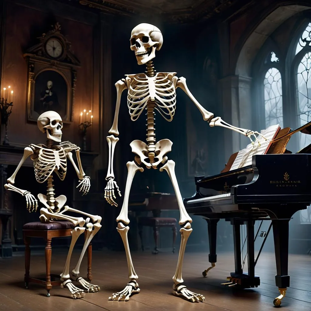 Two skeletons, one standing and one sitting, playing a grand piano in a dark, elaborately decorated room, AI generated using stable diffusion.