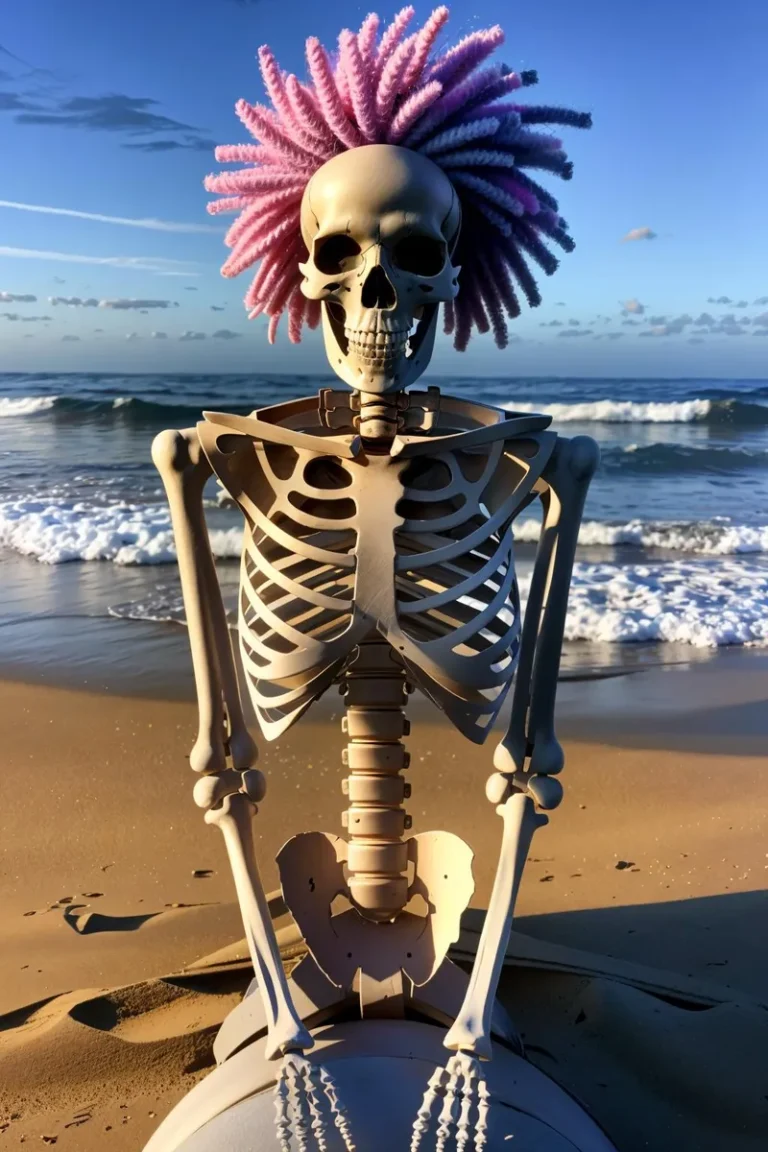 A skeleton with pink hair standing on the beach. AI generated image using Stable Diffusion.