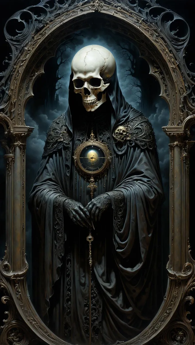 A dark fantasy scene featuring a skeleton priest adorned in intricate gothic armor, standing within a grandiose ornate frame.