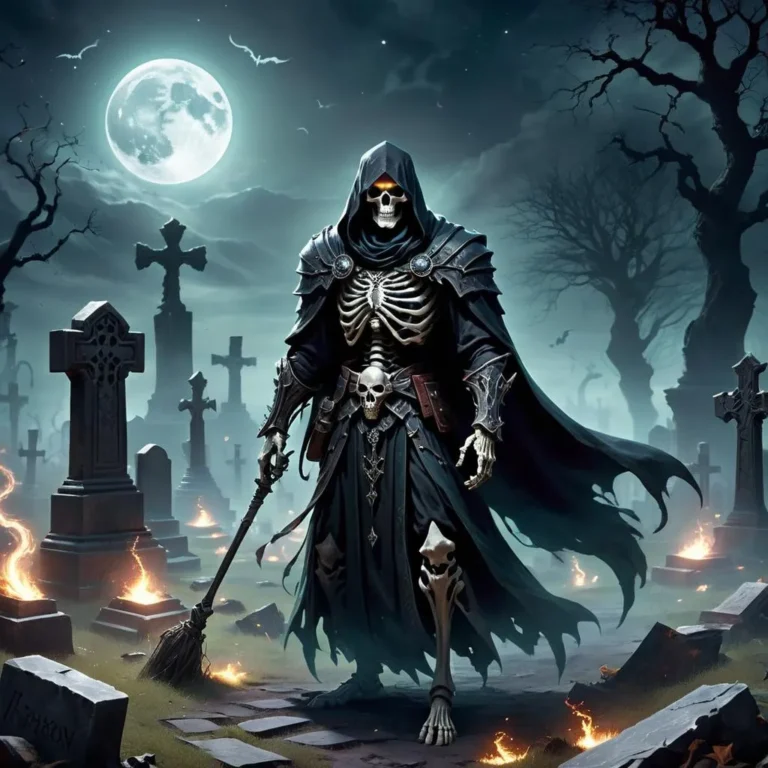 AI generated image using stable diffusion depicting a skeleton reaper dressed in a dark robe, standing in an eerie cemetery with tombstones and a full moon.
