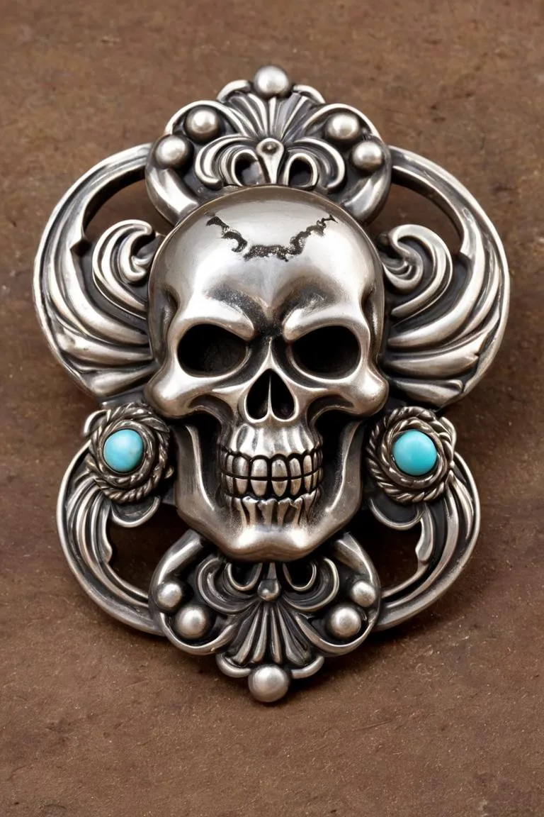 An ornate, metallic skull emblem with elaborate designs, turquoise stones, and a polished finish. This is an AI generated image using stable diffusion.