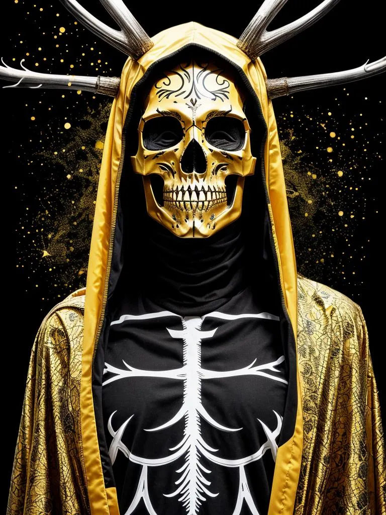 A haunting figure wearing a gold and black skull mask with intricate designs, a golden hooded robe with antler-like horns, and a skeleton-themed outfit. Generated using Stable Diffusion.