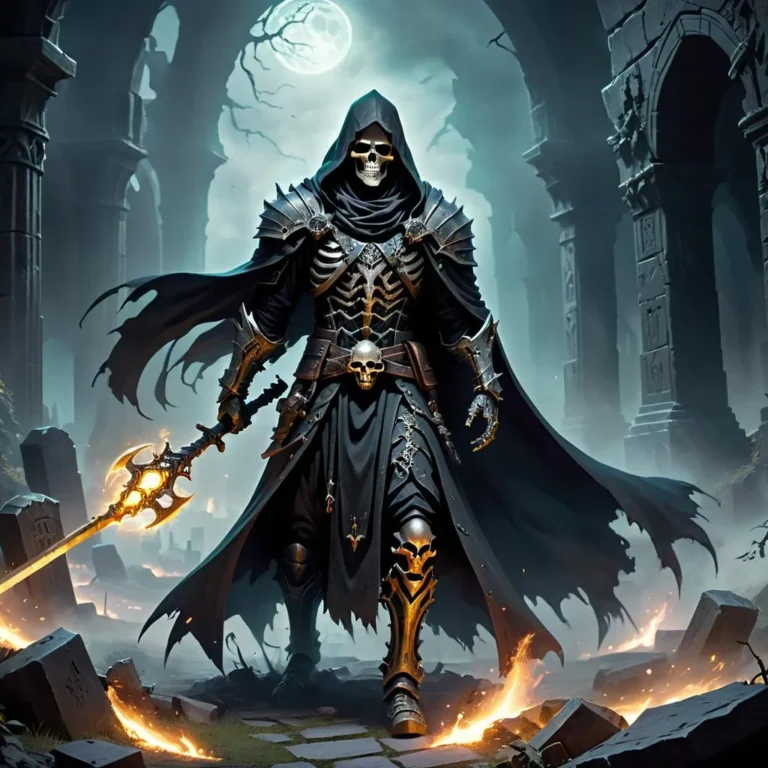 A dark fantasy depiction of a skull warrior adorned in black and gold armor, holding a glowing weapon, standing in a ruined gothic landscape with a full moon.