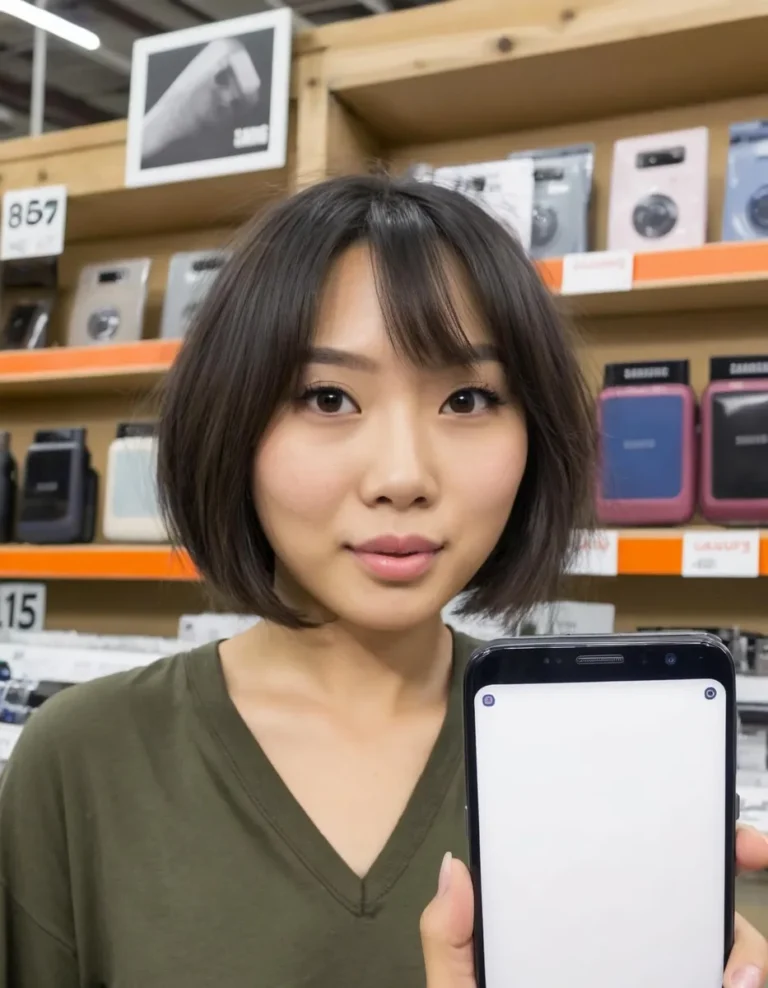 AI generated image of a woman in a store holding up a smartphone. Background shows shelves with camera products. Created using Stable Diffusion.