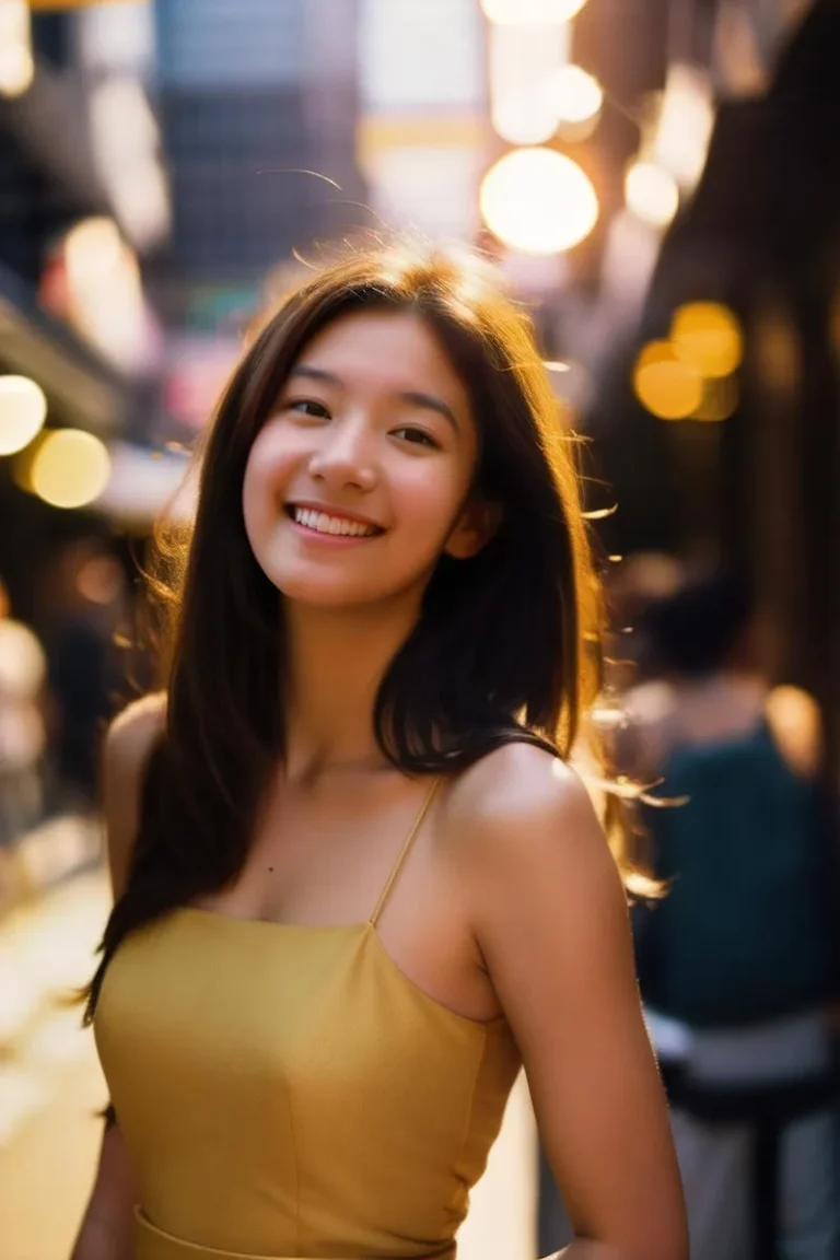 A smiling woman in a yellow dress, standing against a blurred urban background with bokeh lights. AI-generated image using Stable Diffusion.