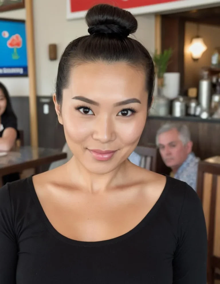 A portrait of a smiling woman with neatly tied hair bun, wearing a black top, in a cafe with a blurred background showing other patrons and decor. Generated using Stable Diffusion.