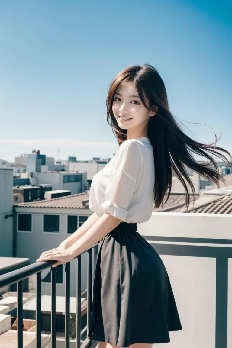 Smiling young woman with long flowing hair standing on a rooftop in bright daylight. AI generated image using stable diffusion.