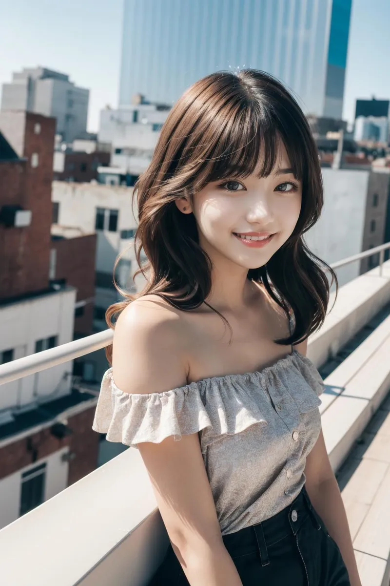 A beautiful woman with long hair and bangs, smiling while standing on a rooftop on a sunny day. AI generated image using Stable Diffusion.