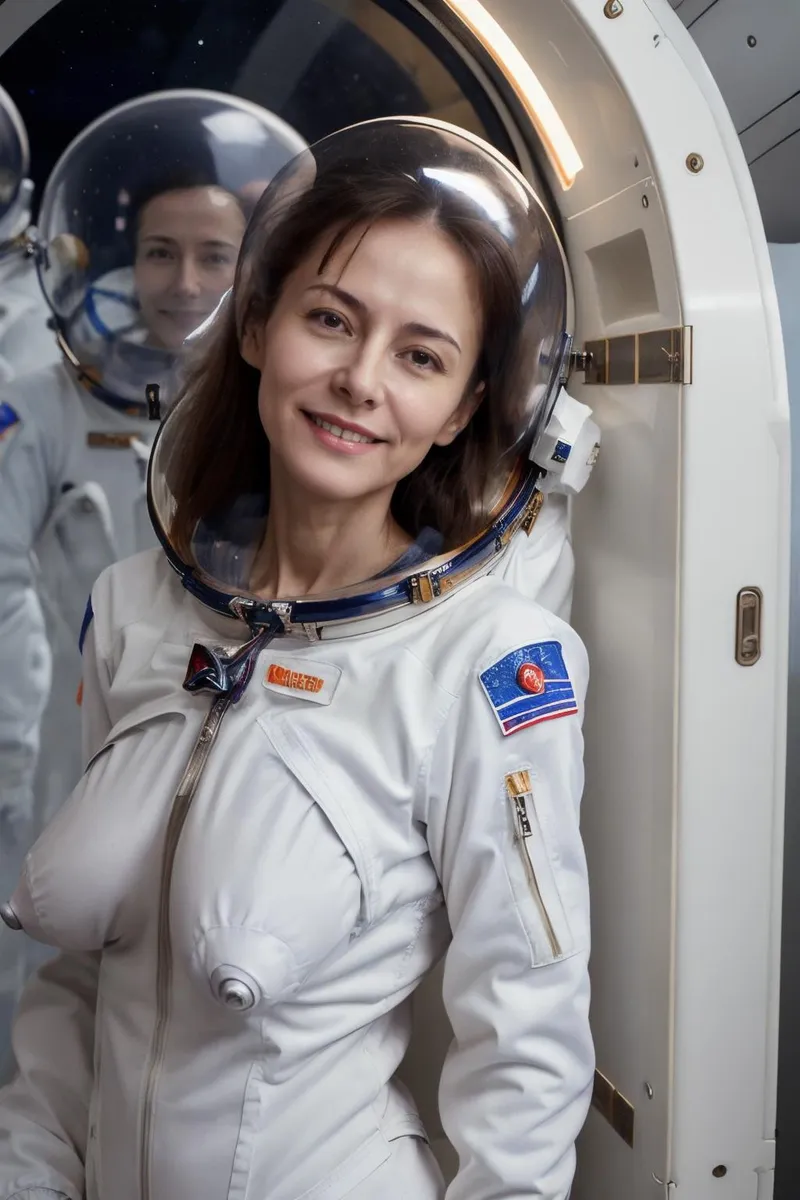 A smiling woman in a space suit with a visor, AI generated image using stable diffusion.