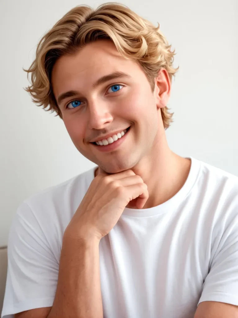 A smiling man with blonde hair and bright blue eyes wearing a white shirt. This is an AI generated image using Stable Diffusion.