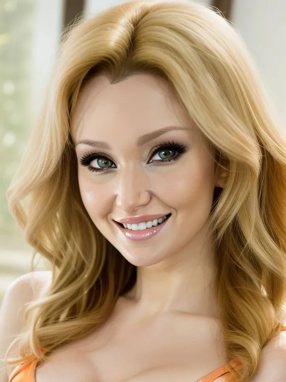 A smiling woman with long, flowing blonde hair, captured in a bright, indoor setting. AI generated image using Stable Diffusion.