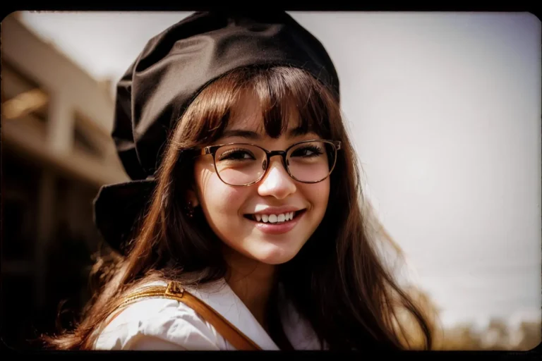A smiling girl with glasses and a large black beret, AI generated image using stable diffusion.