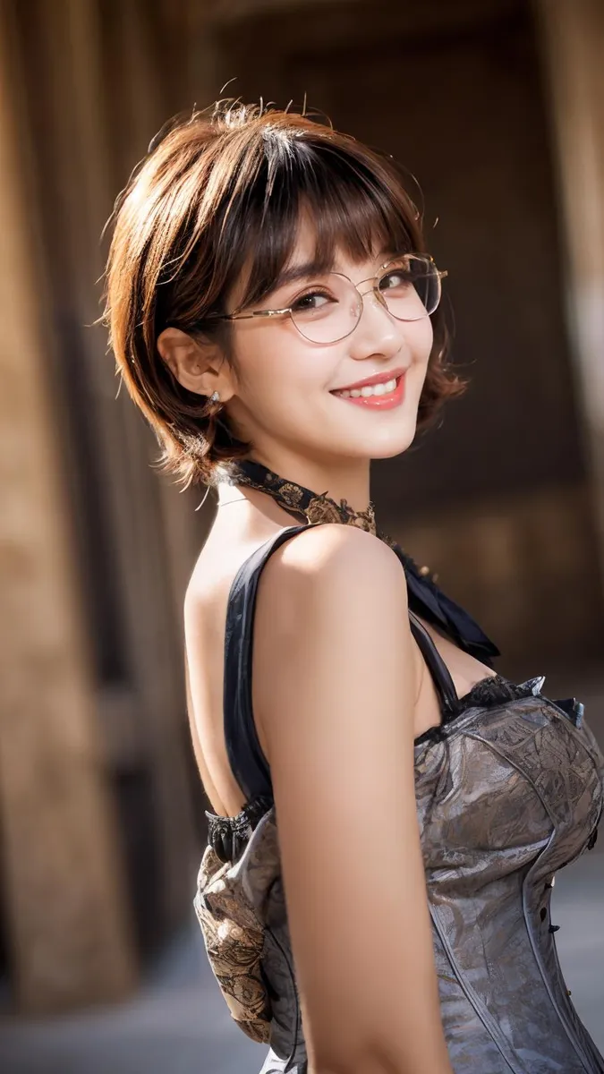 Smiling woman with short hair wearing glasses and a vintage dress, an AI generated image using Stable Diffusion.