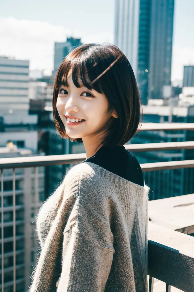 A smiling woman with short hair standing on a city rooftop with urban buildings in the background, AI generated image using Stable Diffusion.