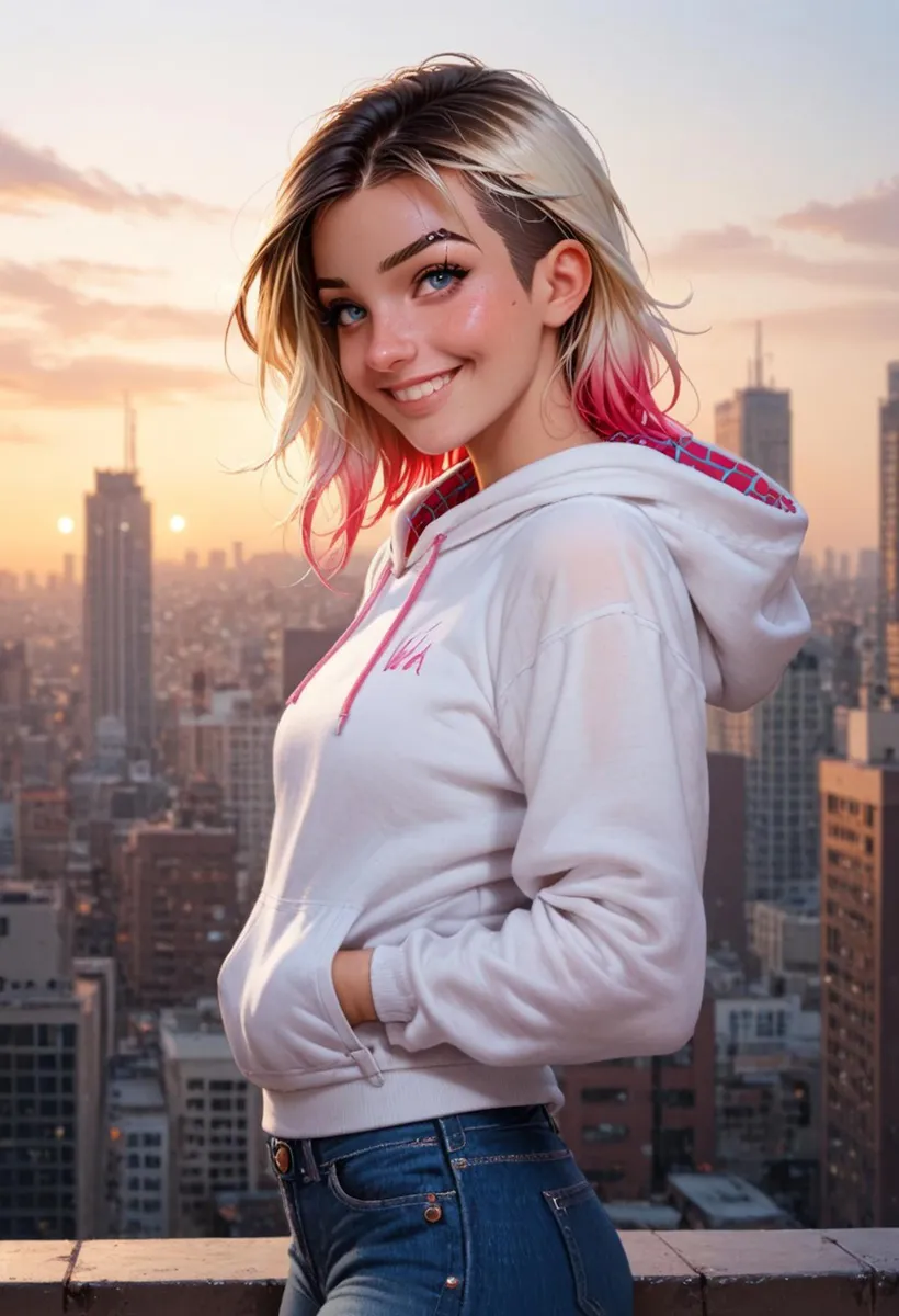 A woman with short, blonde and pink hair in a white hoodie smiles against a cityscape at sunset, AI generated using Stable Diffusion.