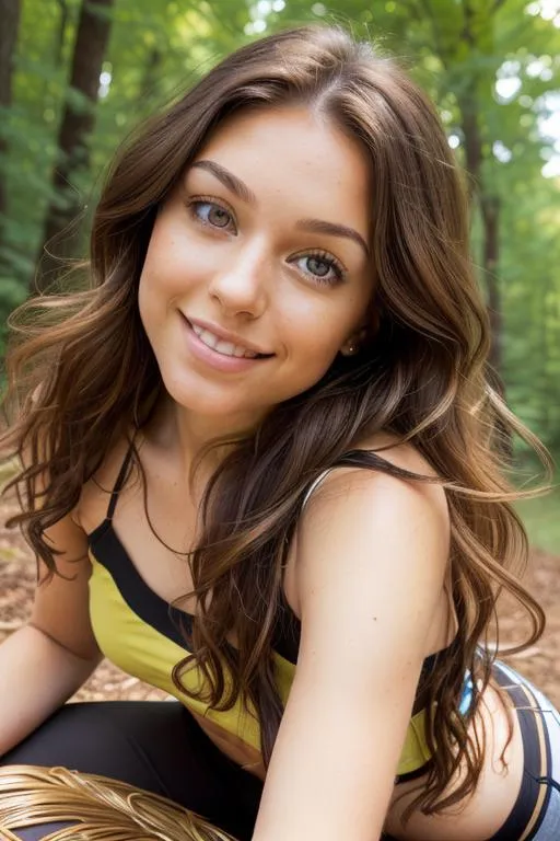 Young woman smiling outdoors in a forest. AI generated image using Stable Diffusion.