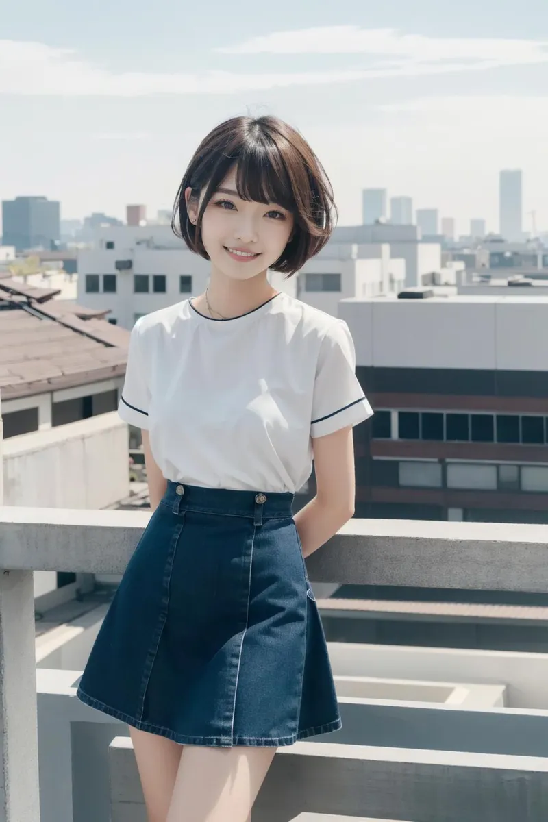 A smiling woman with short hair leans against a concrete railing in a cityscape setting. She is wearing a white shirt and a blue skirt. This is an AI generated image using Stable Diffusion.
