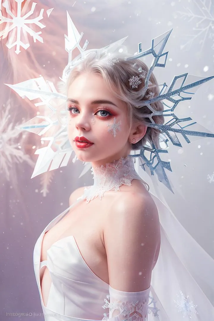 A fantasy portrait of a snow queen created with AI using stable diffusion. The image features a woman with pale skin, silver hair adorned with intricate snowflake designs, wearing a white gown with a deep neckline and snowflake details.