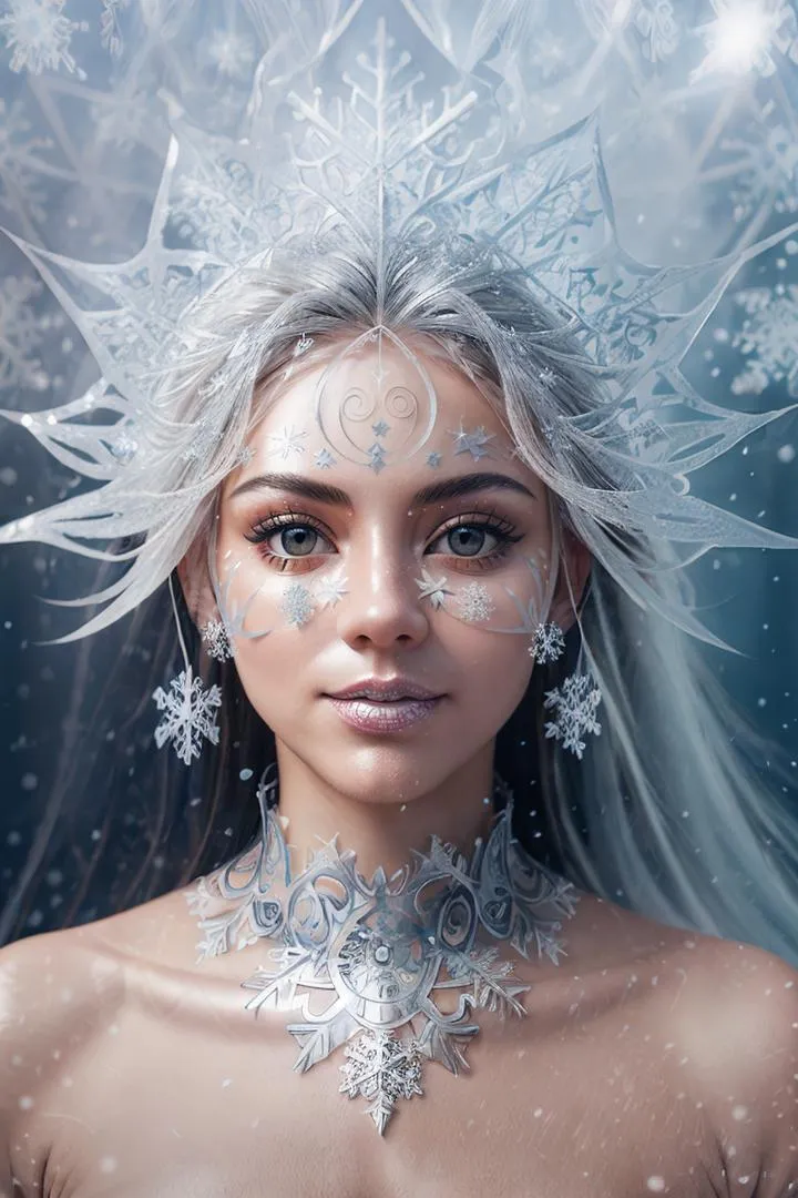 Fantasy-themed AI-generated image of a Snow Queen with an intricate ice crown and winter decorations.