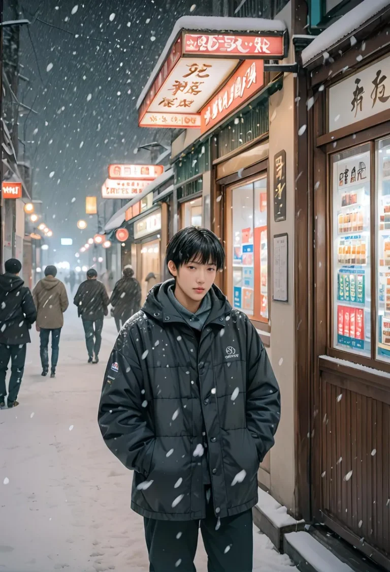 AI generated image using stable diffusion showing a snowy street scene with a young person in black winter clothing standing near storefronts.