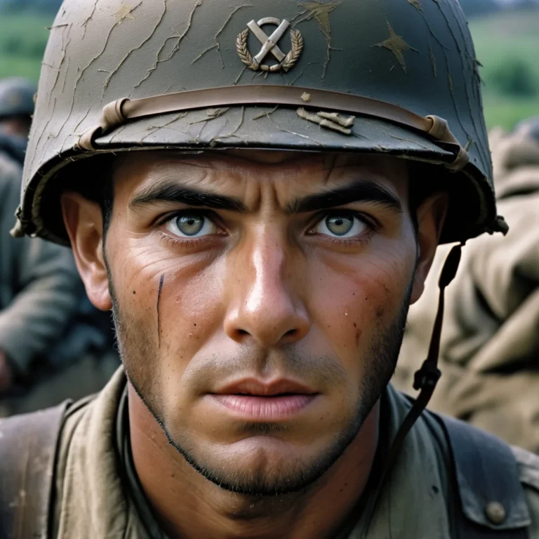 A close-up portrait of a soldier with an intense expression on his face and a battle-worn helmet, generated using AI-driven Stable Diffusion.