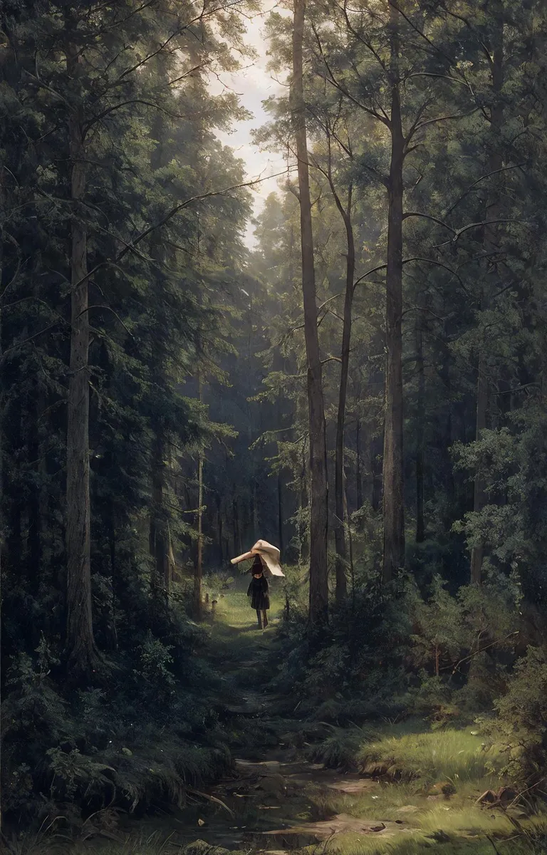 A solitary figure with an umbrella standing in the middle of a dense forest path. AI generated image using Stable Diffusion.