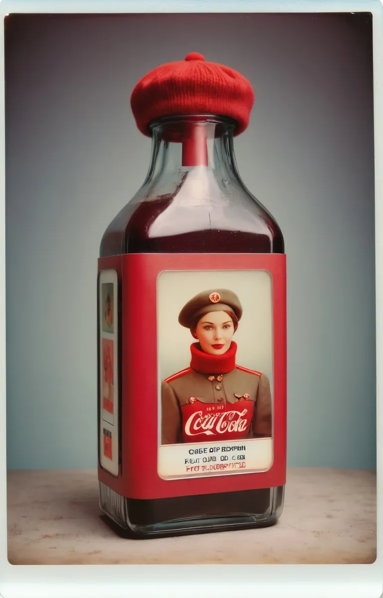 Soviet-themed Coca-Cola bottle featuring a retro design with a vintage-styled label showing a woman in a military uniform. This is an AI generated image using stable diffusion.