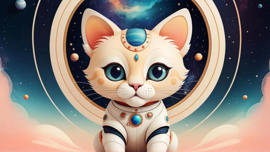 Ai generated image of a cute cat wearing a space suit with a cosmic background, created using stable diffusion.