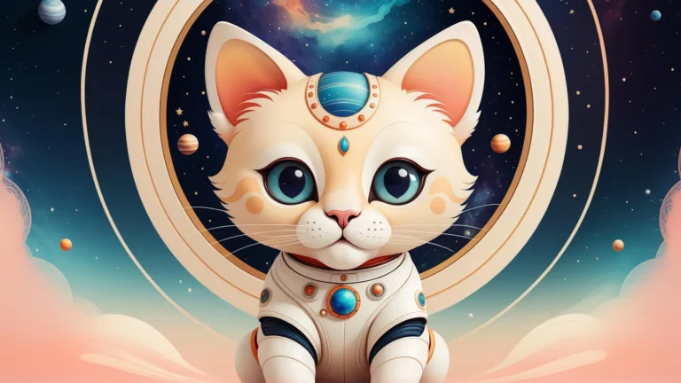 AI generated image of a cute cat wearing a space suit with a cosmic background, created using Stable Diffusion.