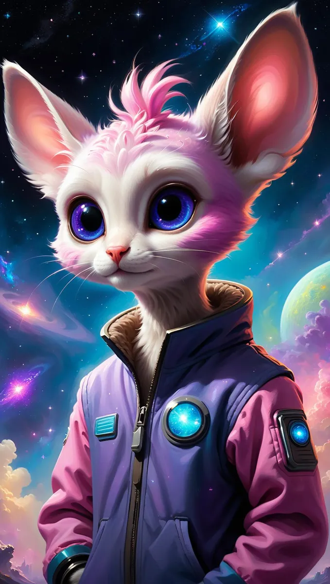A cosmic-themed AI generated image of an anthropomorphic kitten with large eyes wearing a purple jacket, created using Stable Diffusion.