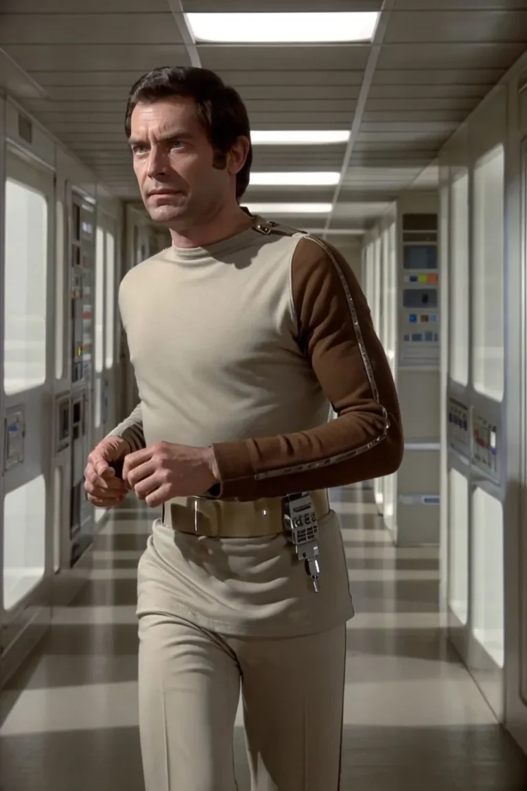 A man in a futuristic astronaut outfit in a high-tech corridor, AI generated image using Stable Diffusion.