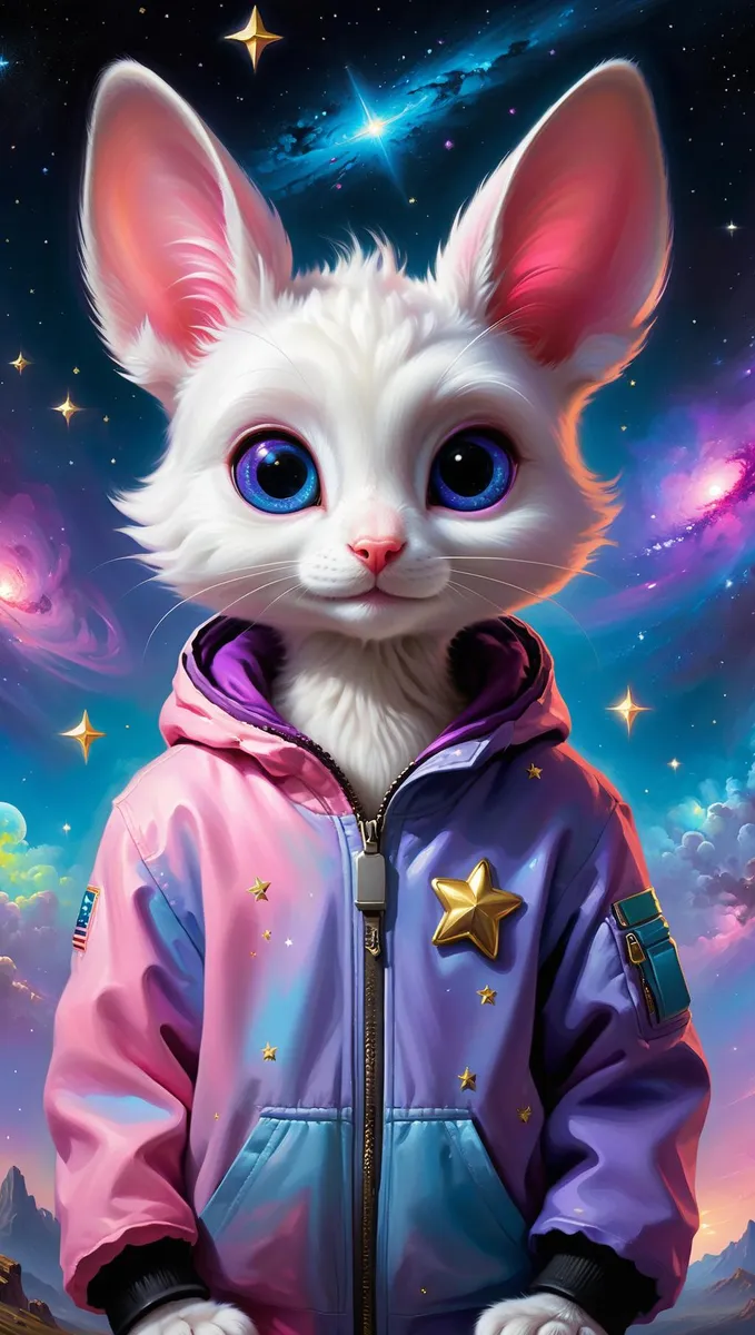 This AI generated image using Stable Diffusion depicts a cute white bunny with big blue eyes and large ears wearing a vibrant, starry jacket, set perfectly against a stunning outer space backdrop.