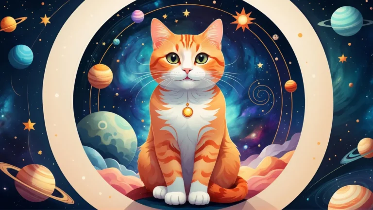 Illustration of an orange tabby cat with a pendant sitting in a cosmic environment filled with planets, stars, and a nebula, AI generated image using Stable Diffusion.