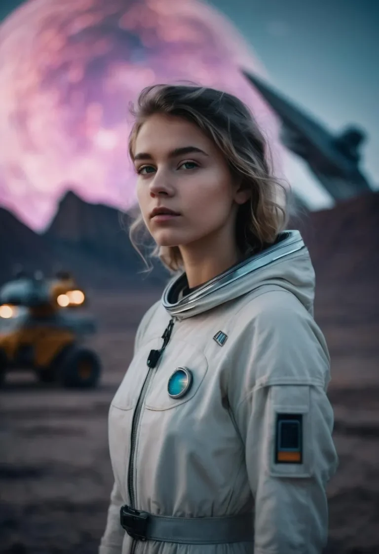 A young woman astronaut in a white spacesuit on a barren alien planet with a large purple celestial body in the sky and futuristic equipment in the background. AI generated image using Stable Diffusion.