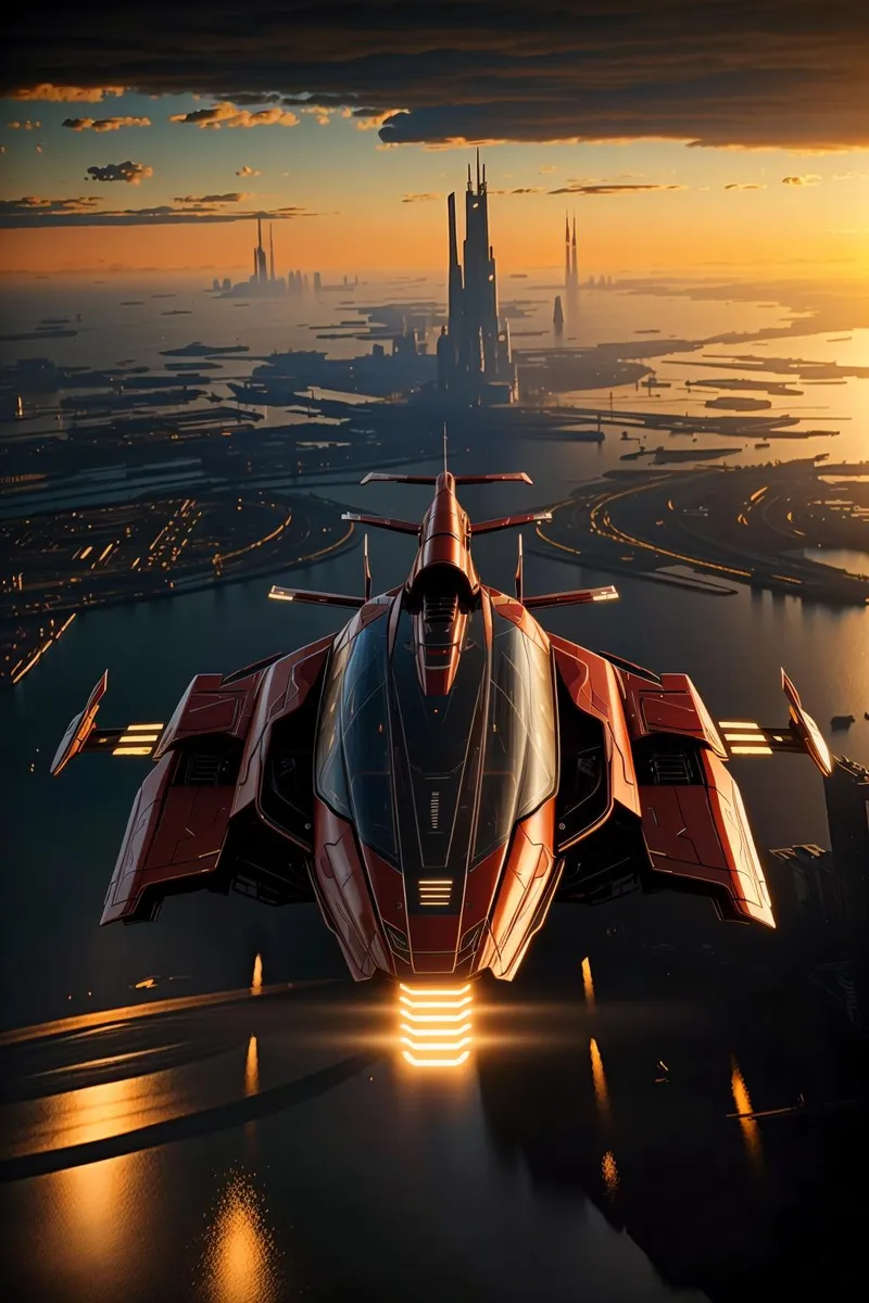 Futuristic spaceship flying over a cityscape at sunset, AI generated image using stable diffusion.