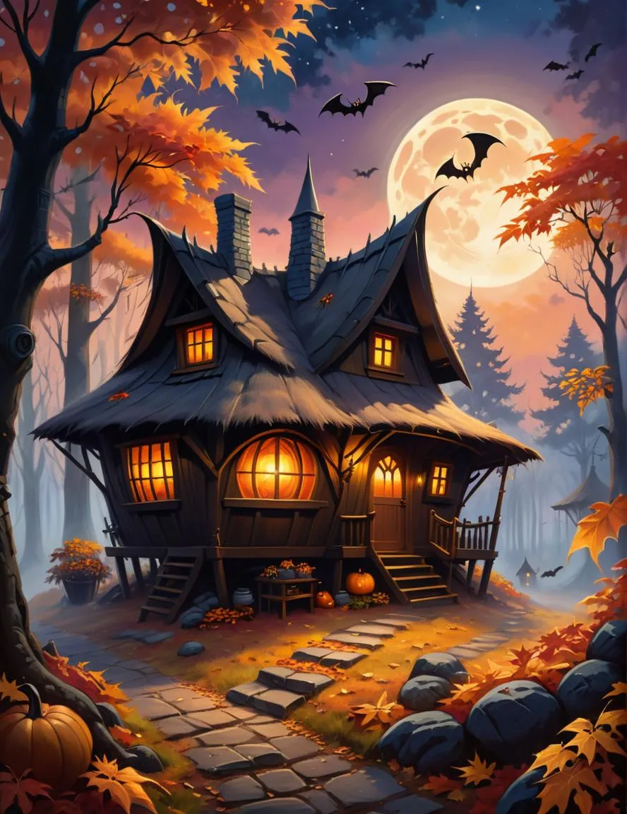 A spooky house under a full moon with bats flying nearby on a Halloween night. AI generated by stable diffusion.
