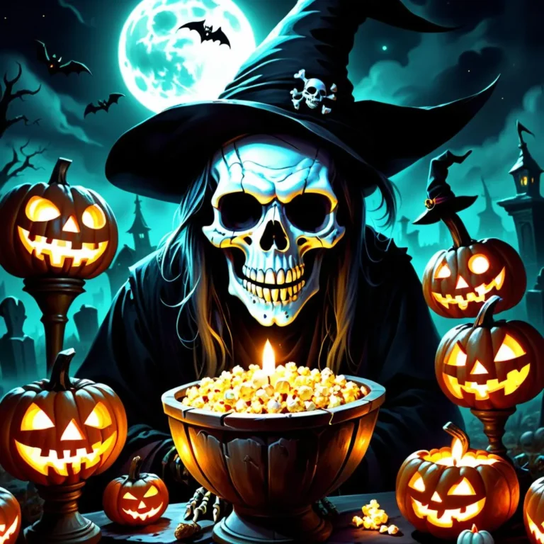 A spooky Halloween scene featuring a skeleton witch in a pointed hat surrounded by glowing jack-o'-lanterns.