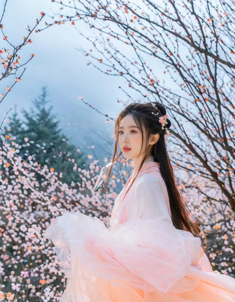 A beautiful woman in traditional attire, surrounded by blossoming trees in spring. AI generated image using stable diffusion.