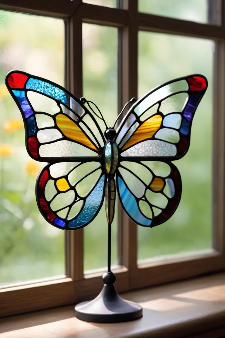 A beautiful stained glass butterfly with colorful blue, yellow, red, and green pieces, standing on a windowsill with a blurred natural background. AI-generated image using stable diffusion.