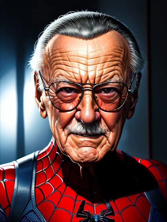 AI generated image of an elderly man with glasses and white hair resembling Stan Lee, dressed in a Spider-Man costume, created with Stable Diffusion.