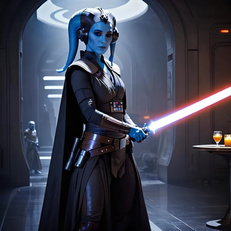 Blue-skinned alien warrior holding a lightsaber in a sci-fi setting. AI generated image using Stable Diffusion.