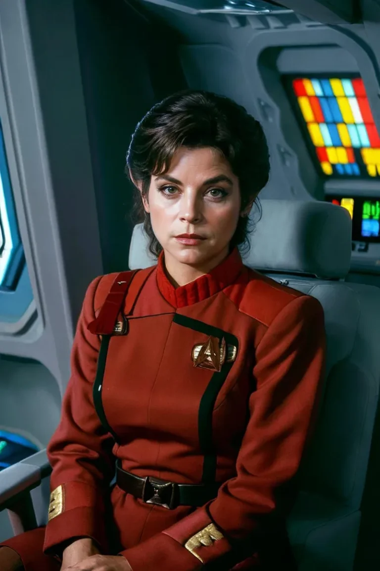 Woman in a Starfleet officer uniform sits on a spaceship bridge. AI generated image using Stable Diffusion.