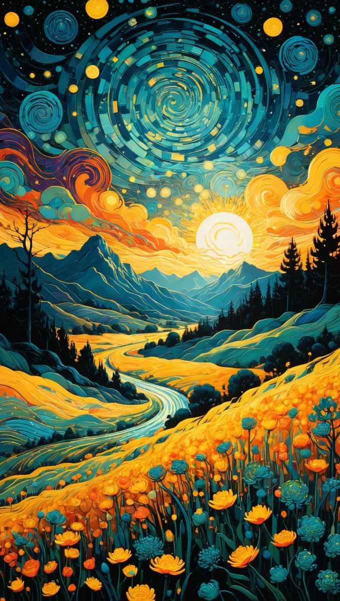 A starry night landscape featuring a vibrant sunset over mountains and a flowing river, filled with colorful flowers in the foreground. AI image using Stable Diffusion.
